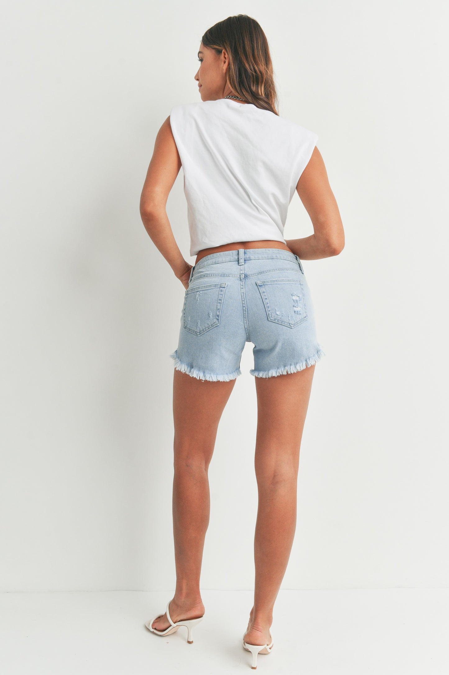 Curved Fray Hem Denim Shorts