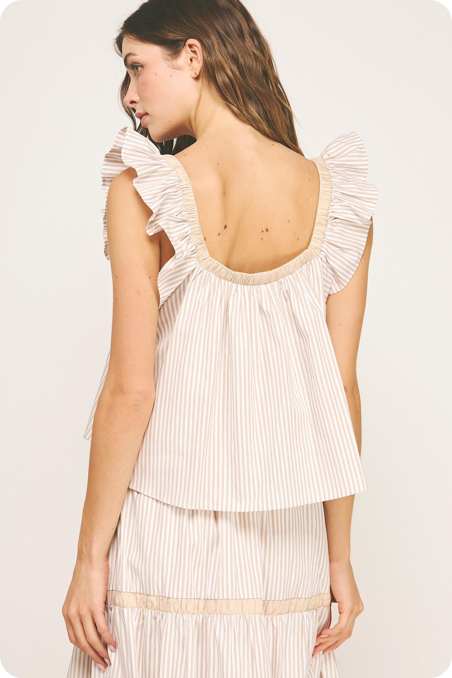 Almond Stripe Ruffle Top