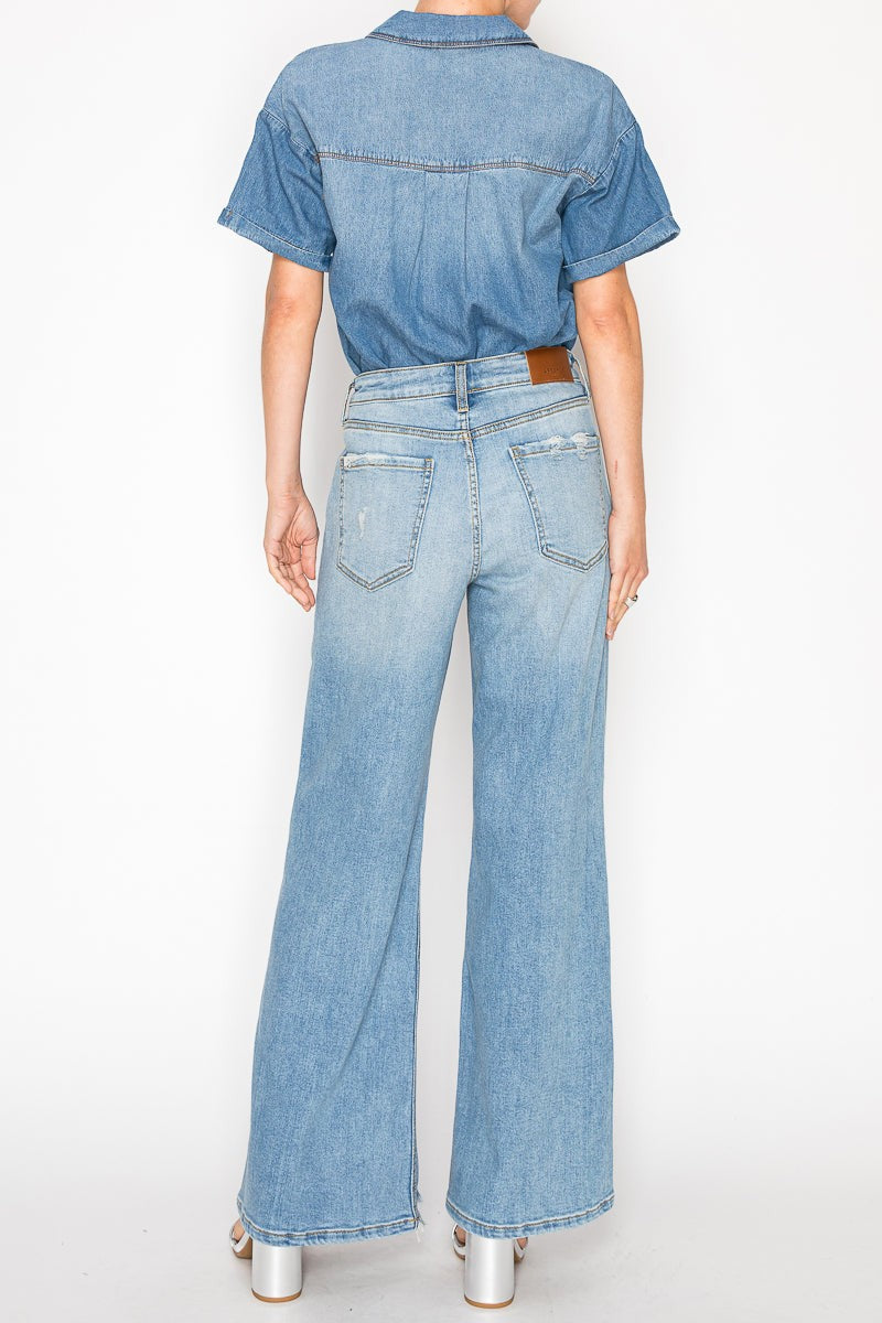 Hybrid High Rise Distressed Relaxed Flare Jeans