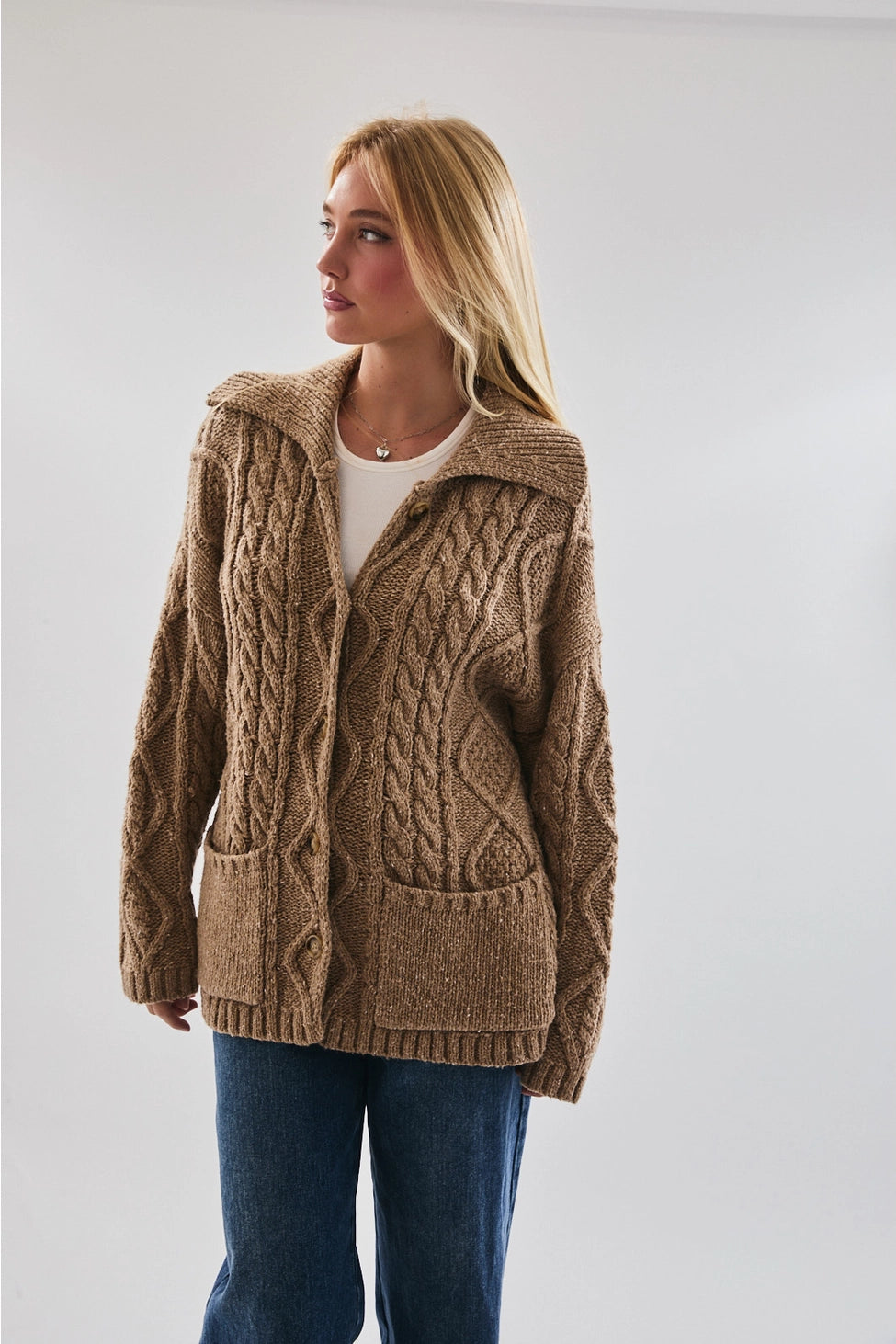 Chestnut Cable Knit Button Cardigan
