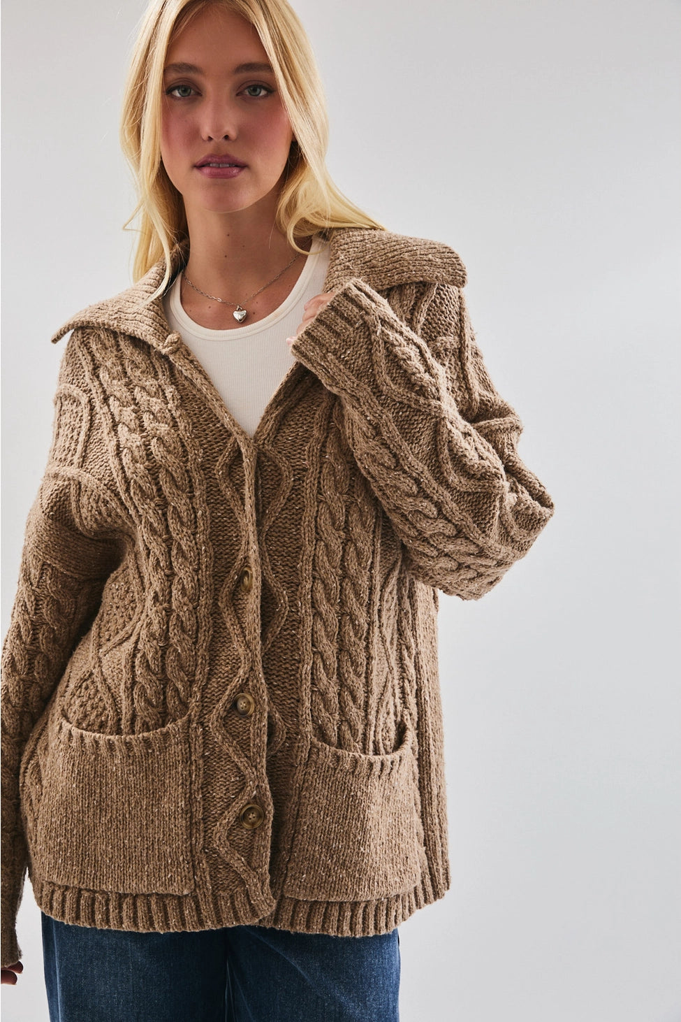 Chestnut Cable Knit Button Cardigan