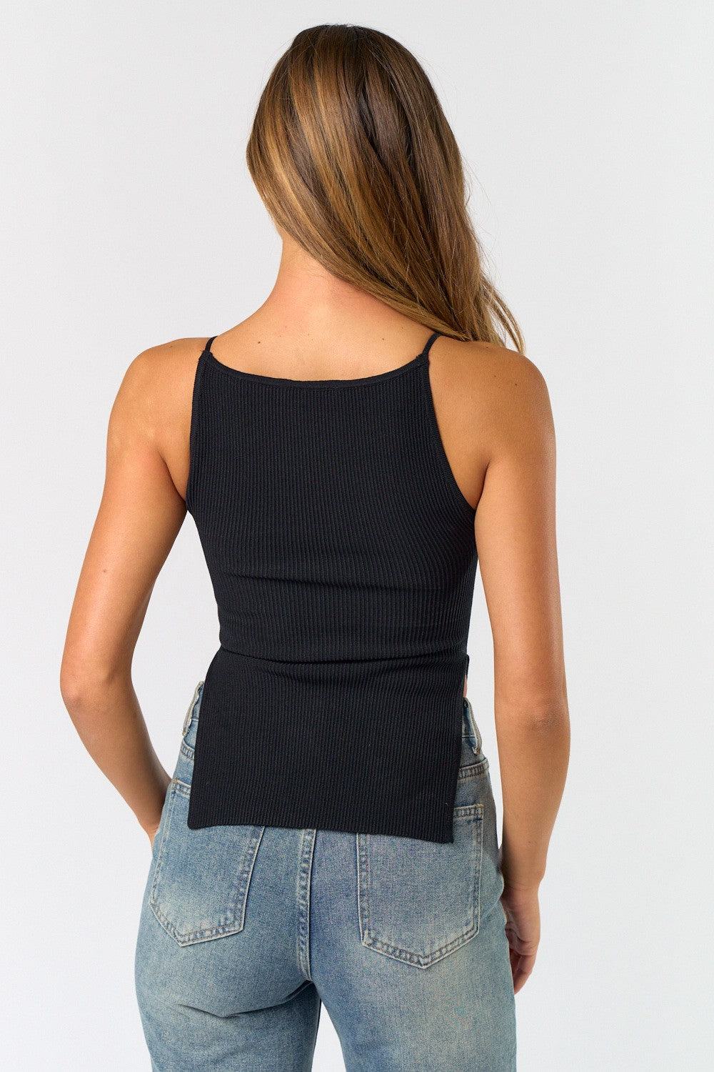 Black Rib Knit Split Hem Top