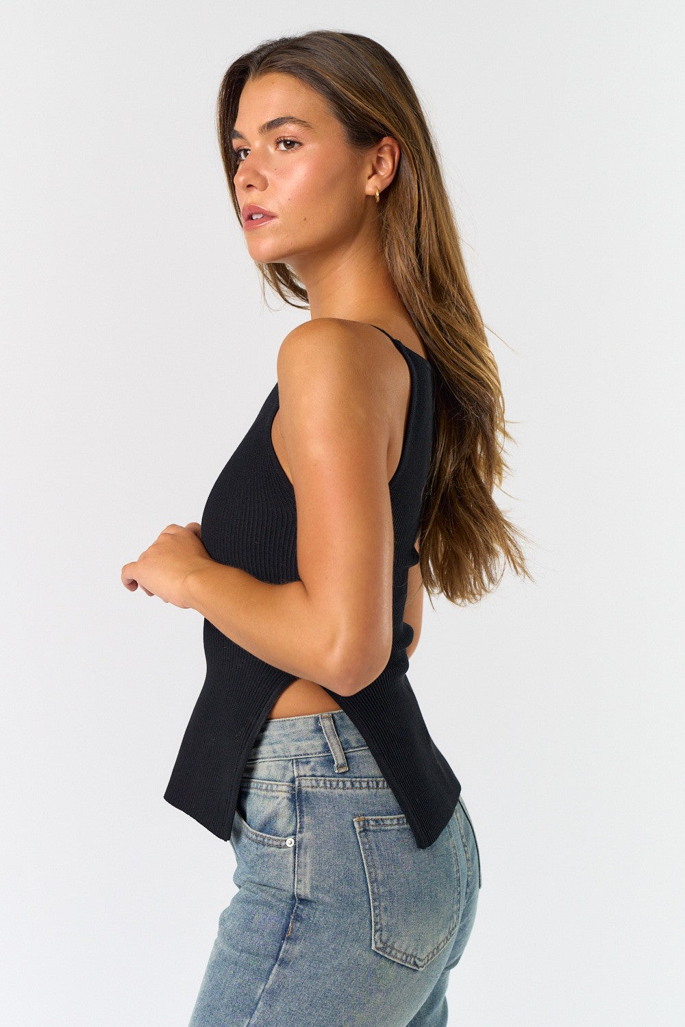 Black Rib Knit Split Hem Top