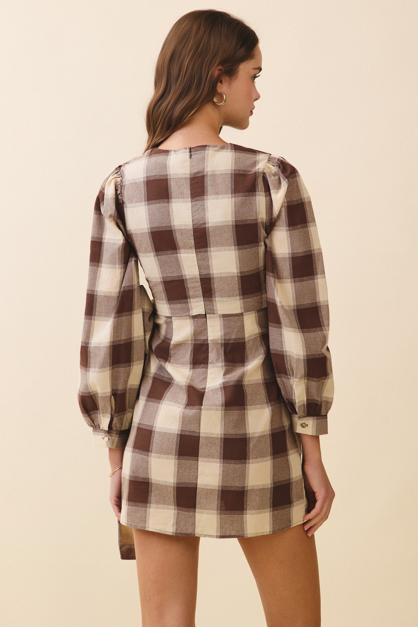 Brown Plaid Wrap Dress