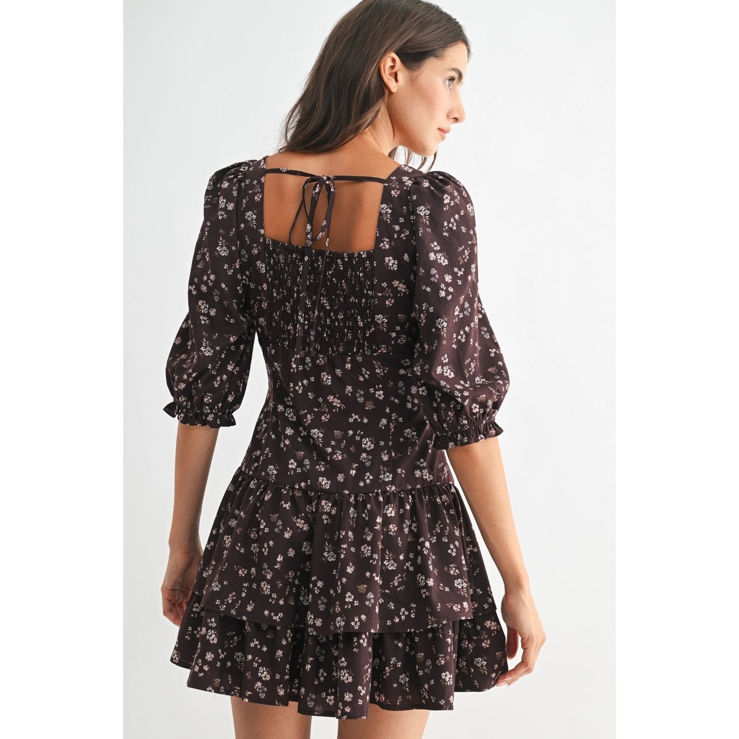 Brown Floral Puff Sleeve Mini