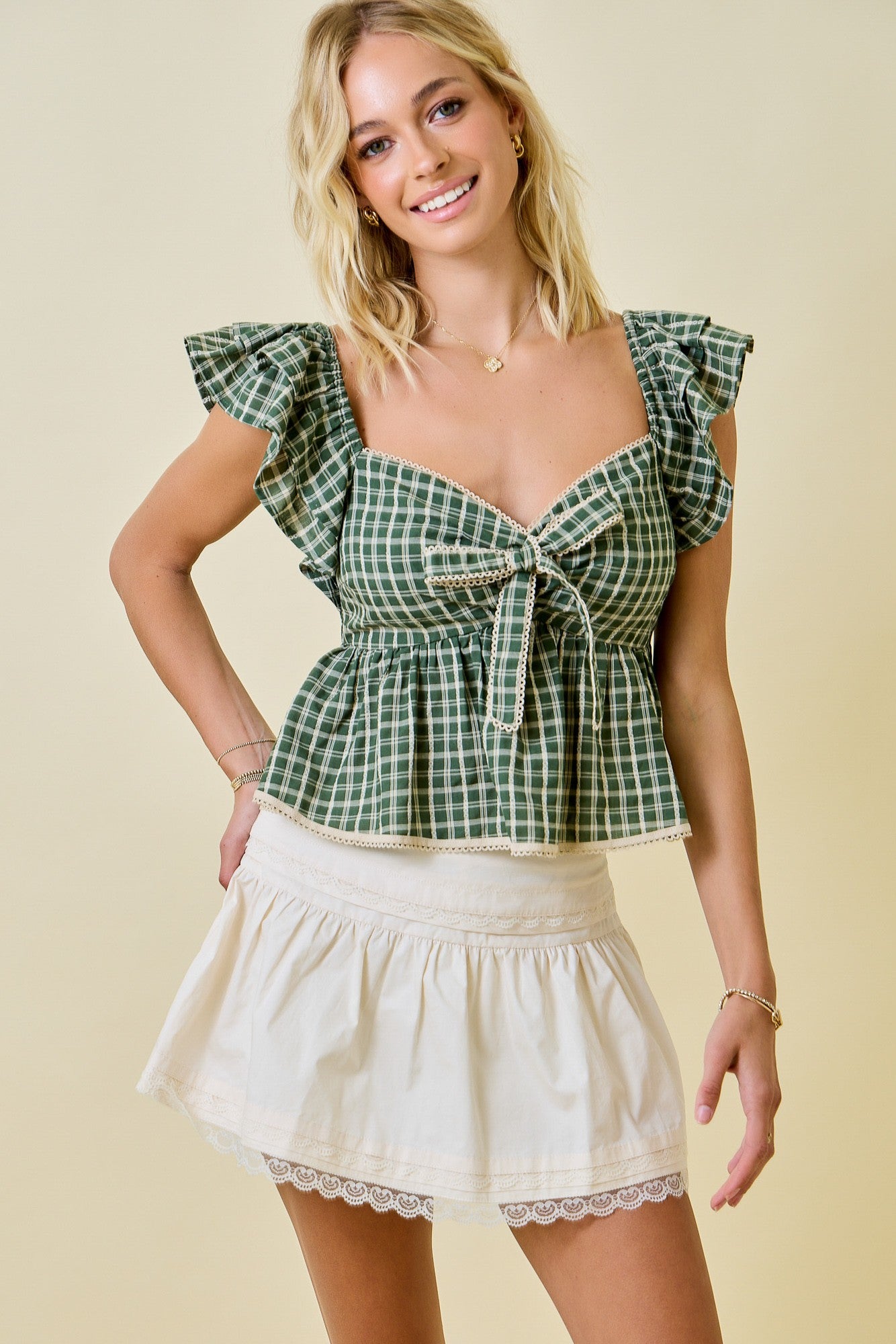 Green Gingham Ruffle Blouse