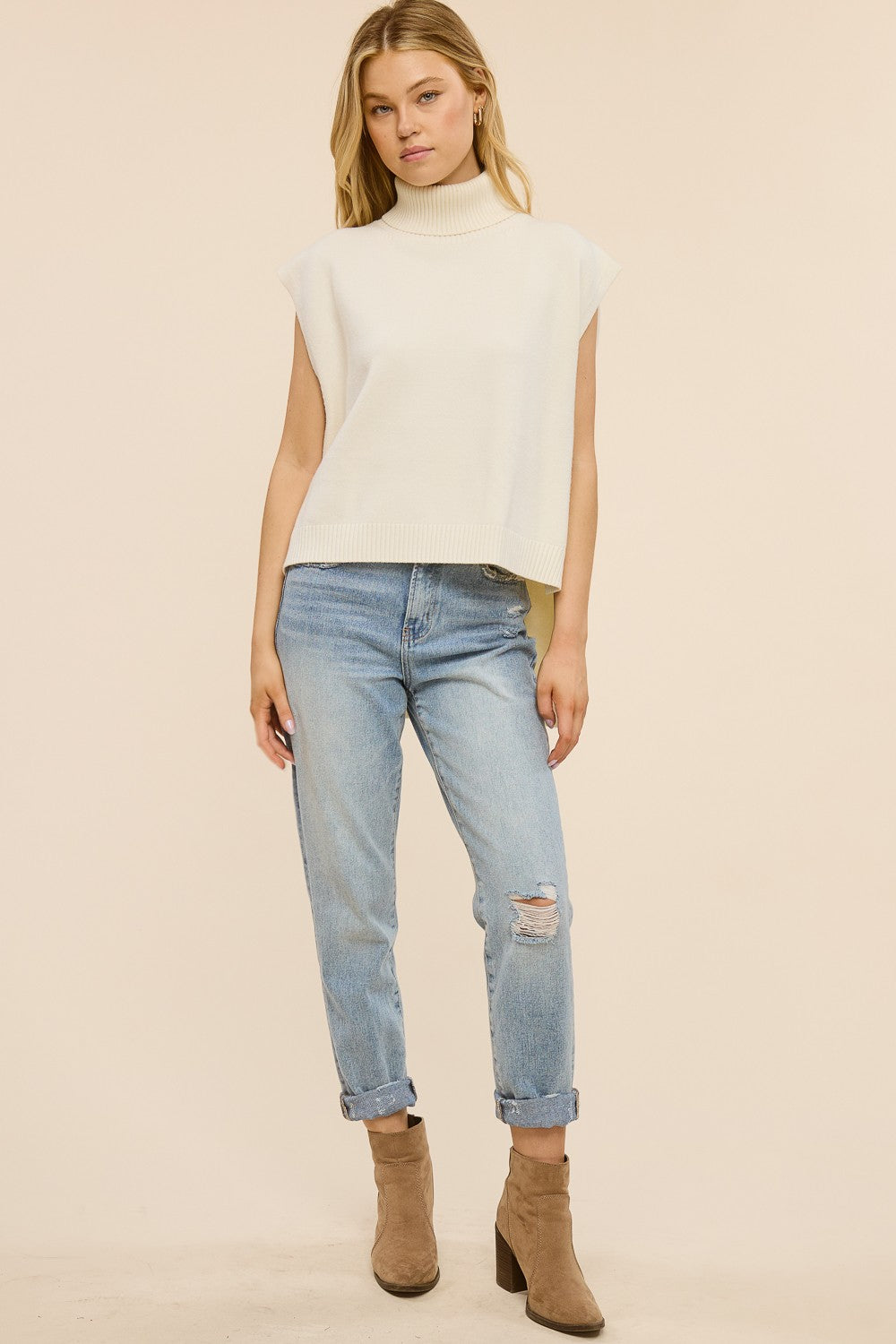 Cream Turtleneck Sleeveless Sweater