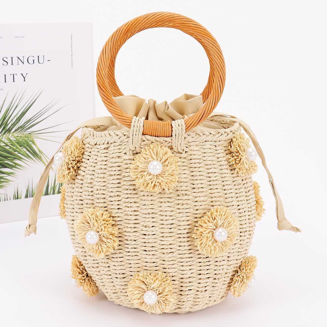 Straw Pearl Flower Bucket Bag