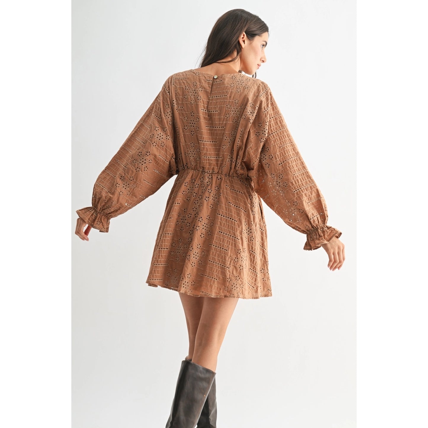 Mocha Long Sleeve Embroidered Mini