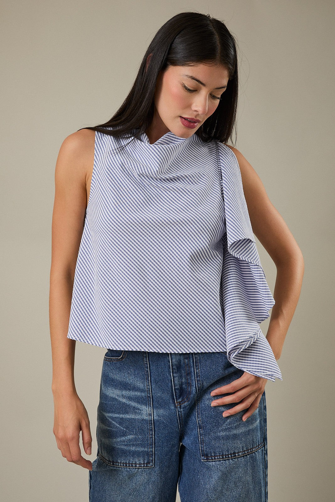 Blue Asymmetrical Ruffle Blouse