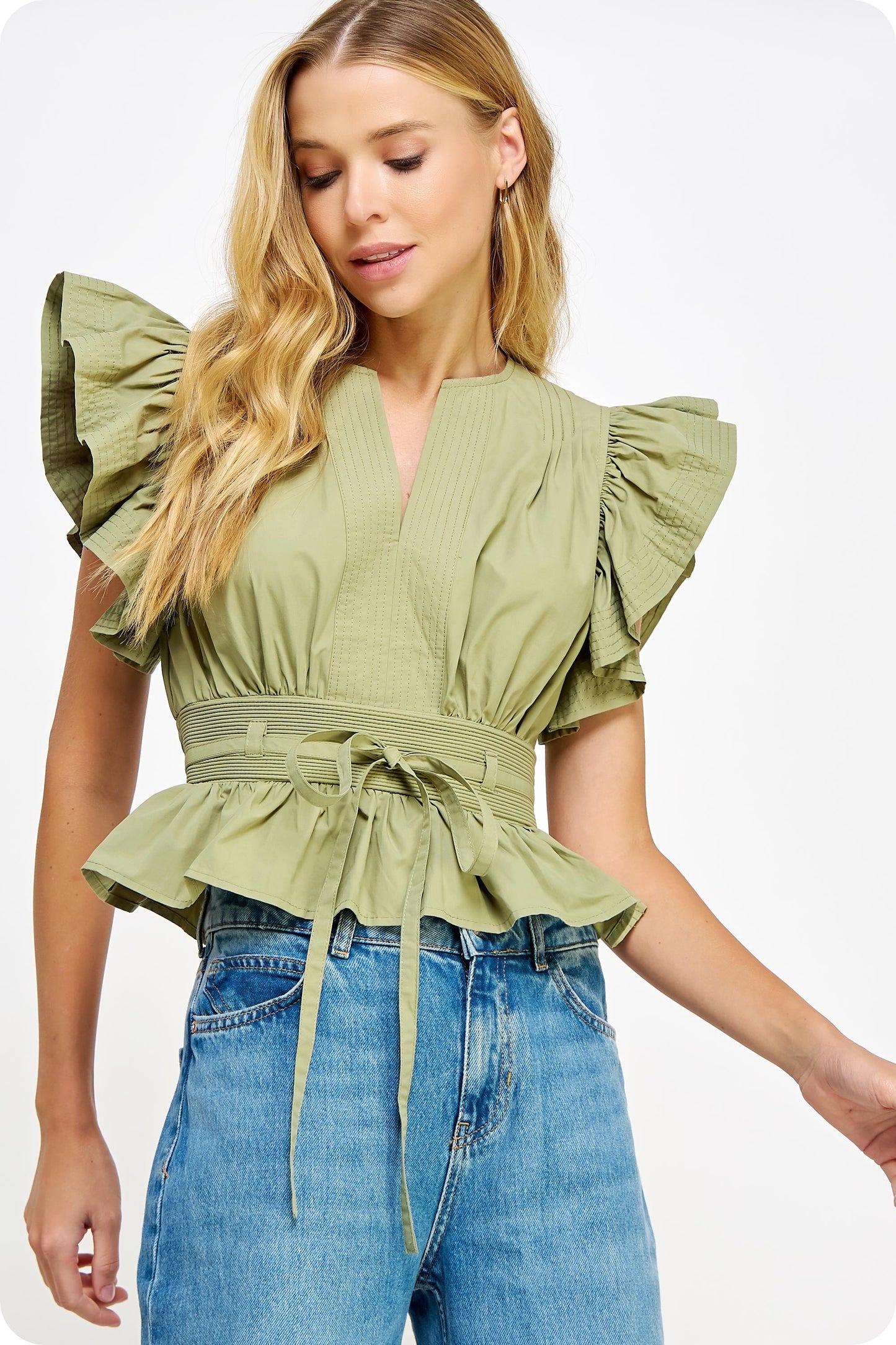 Olive Flutter Sleeve Peplum Top