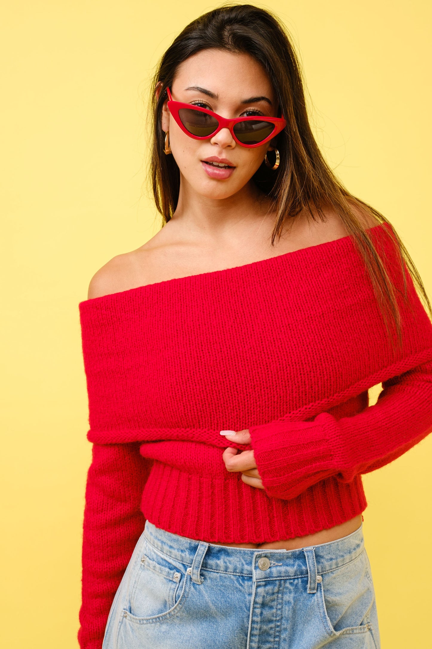 Fold Over Sweater- Red