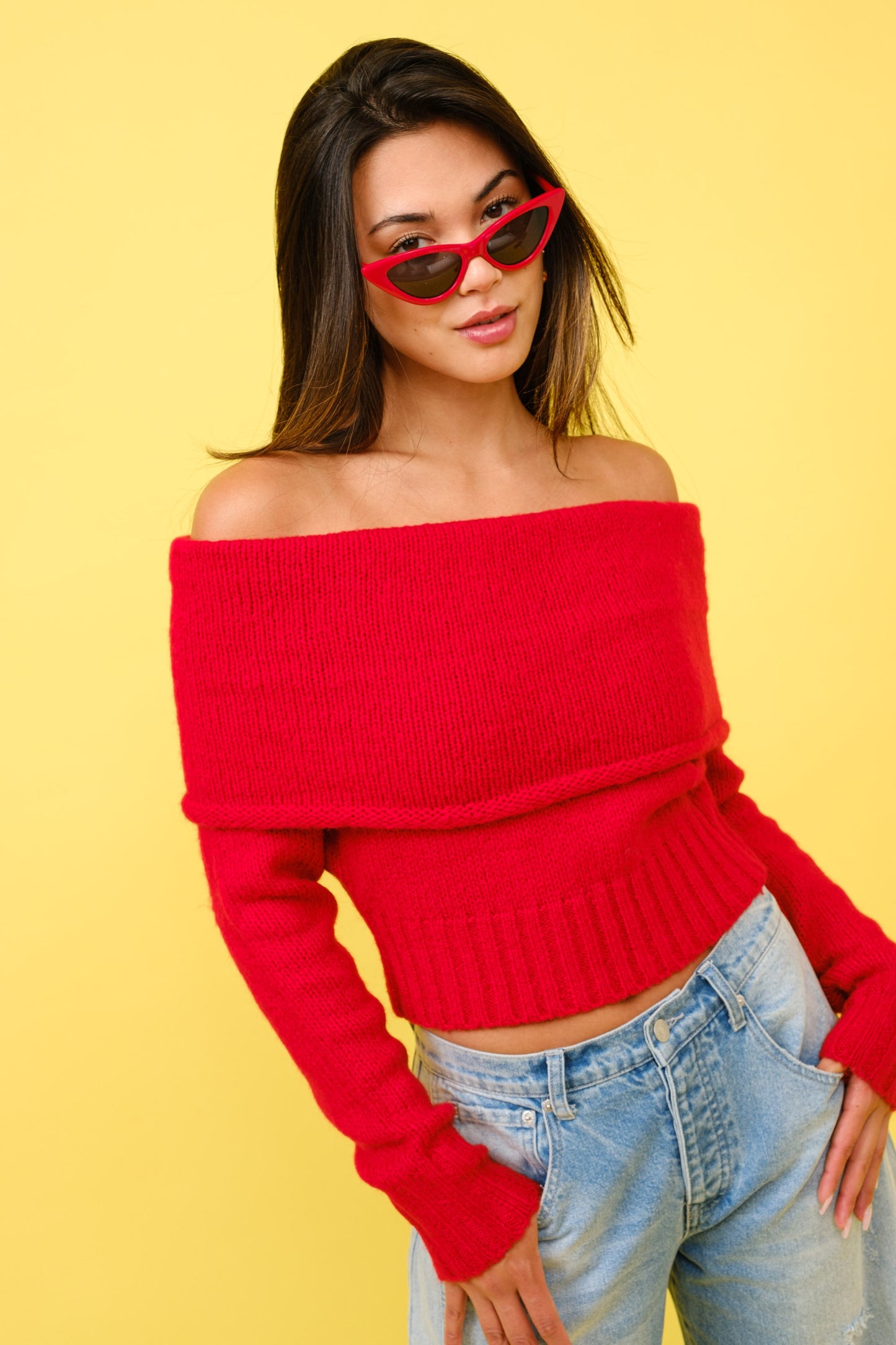 Fold Over Sweater- Red