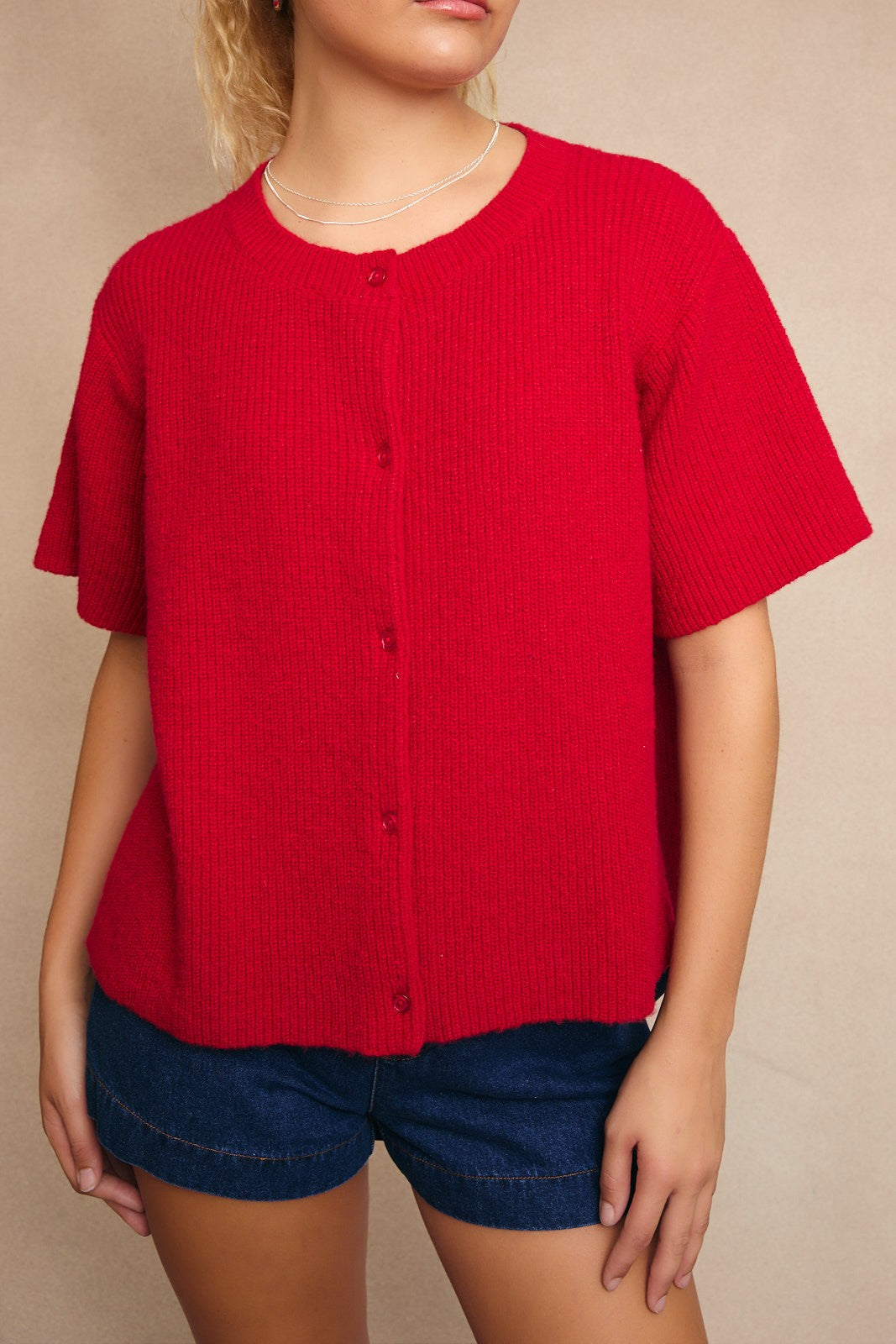 Red Short Sleeve Cardigan Sweater