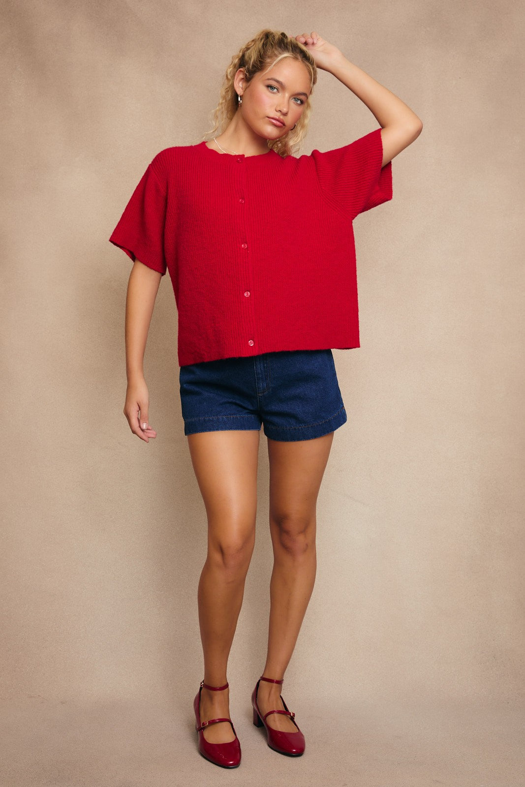 Red Short Sleeve Cardigan Sweater