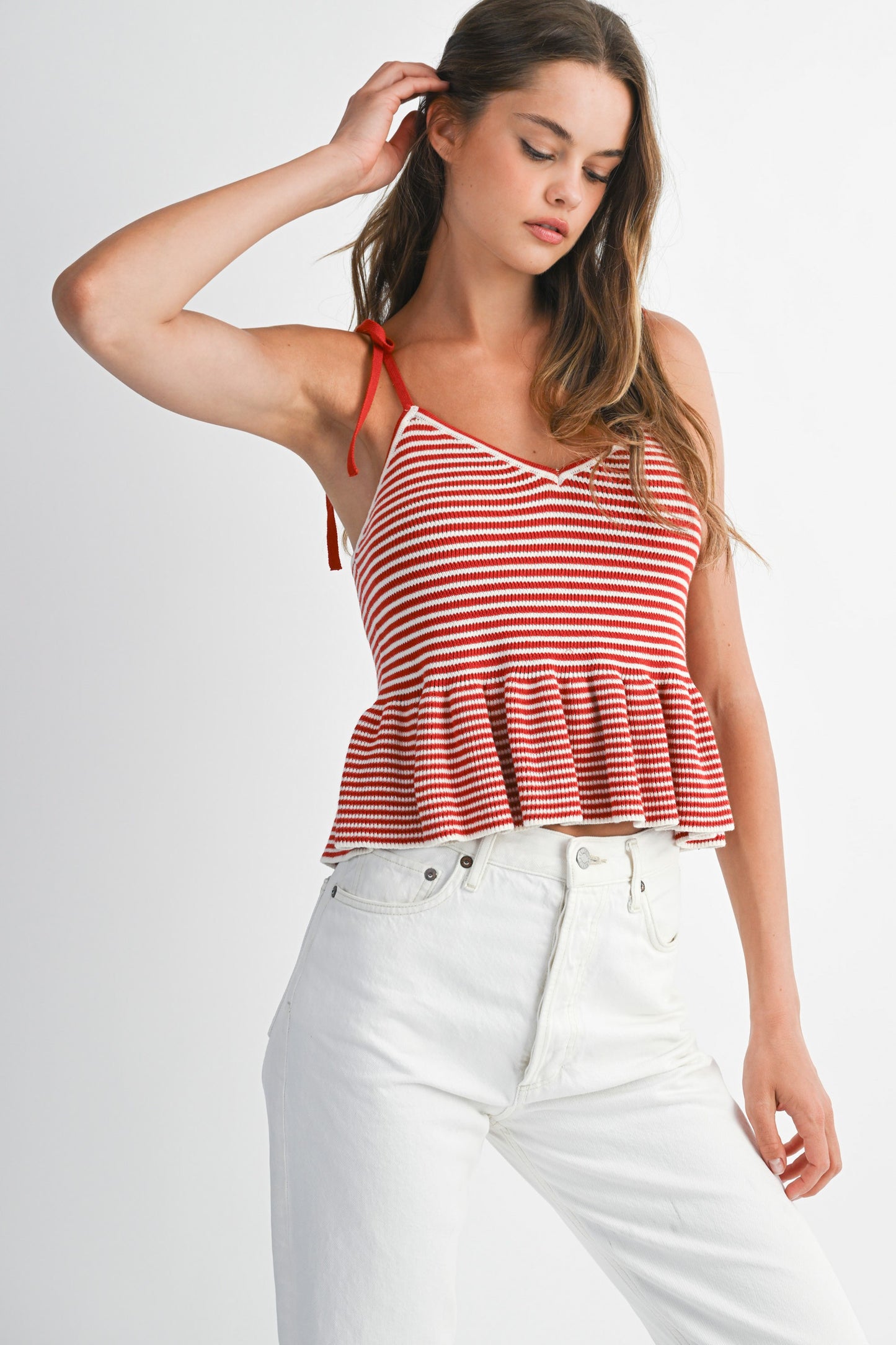 Red Sweater Stripe Peplum Top