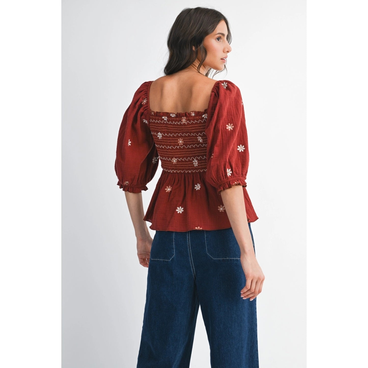 Rust Smocked Embroidered Peplum