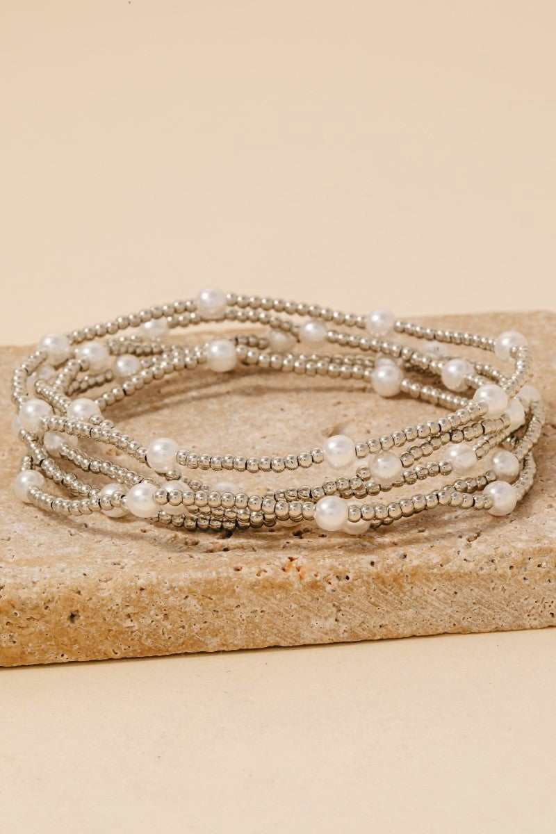 Metallic Pearl Beaded Set- Silver