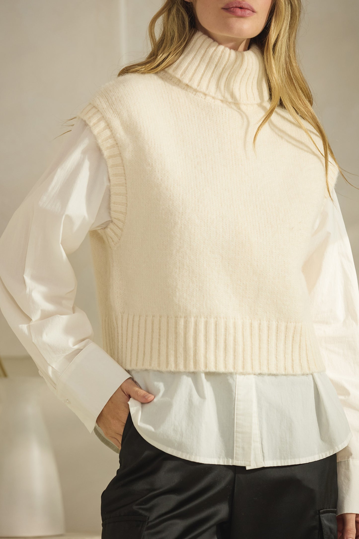 Cream Knitted Turtleneck Vest