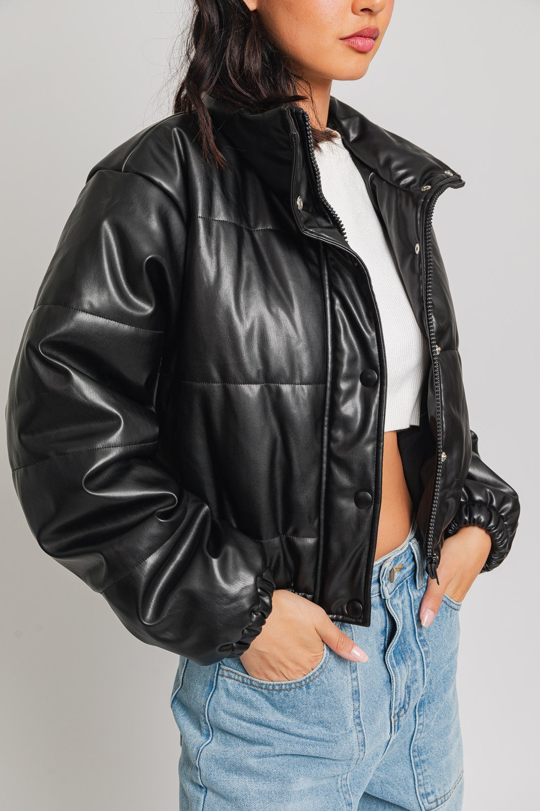 Faux Leather Puffer Jacket- Black