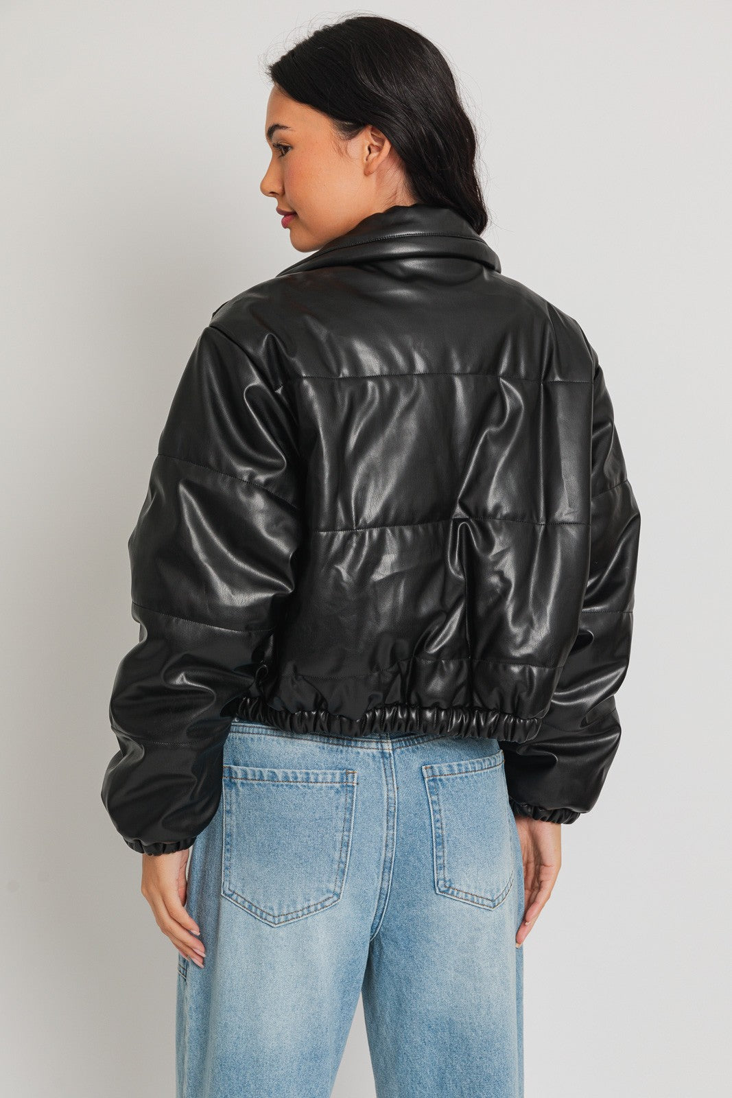 Faux Leather Puffer Jacket- Black