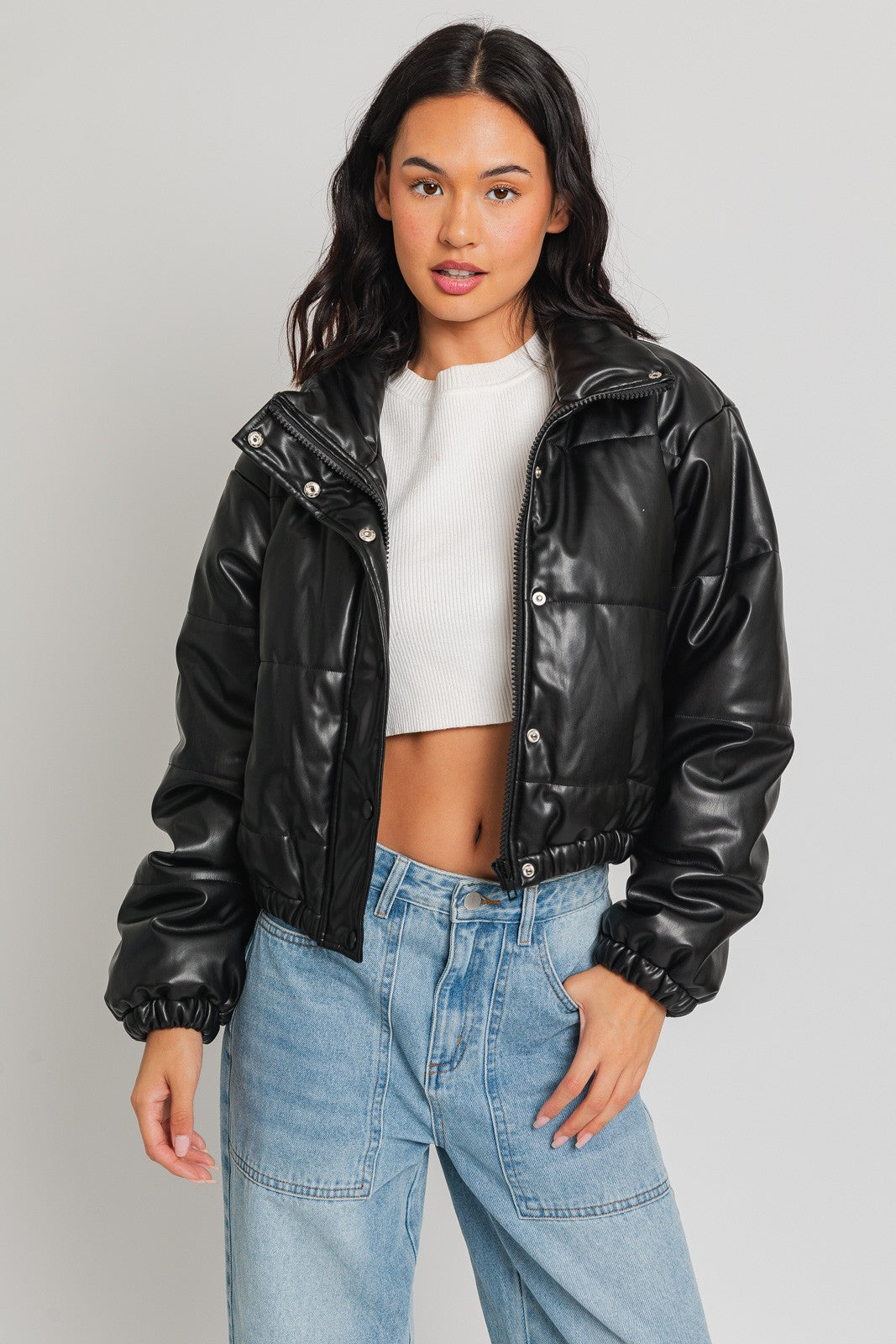 Faux Leather Puffer Jacket- Black