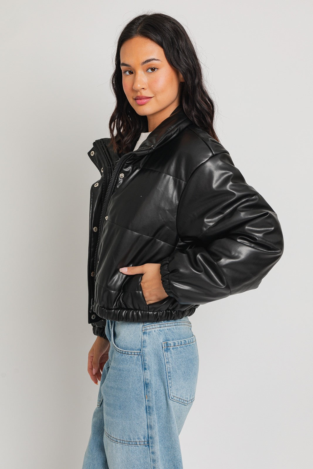 Faux Leather Puffer Jacket- Black