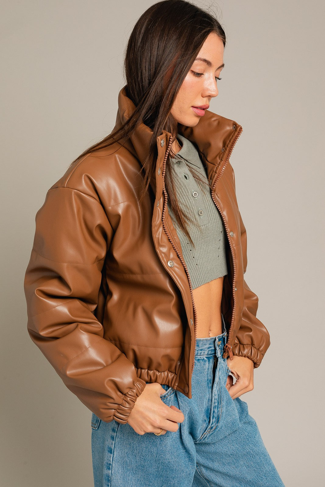 Faux Leather Puffer Jacket- Brown