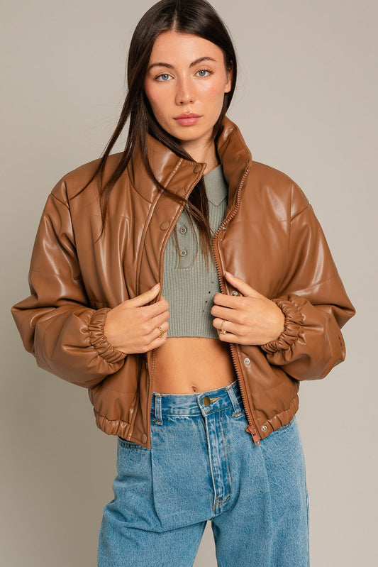 Faux Leather Puffer Jacket- Brown