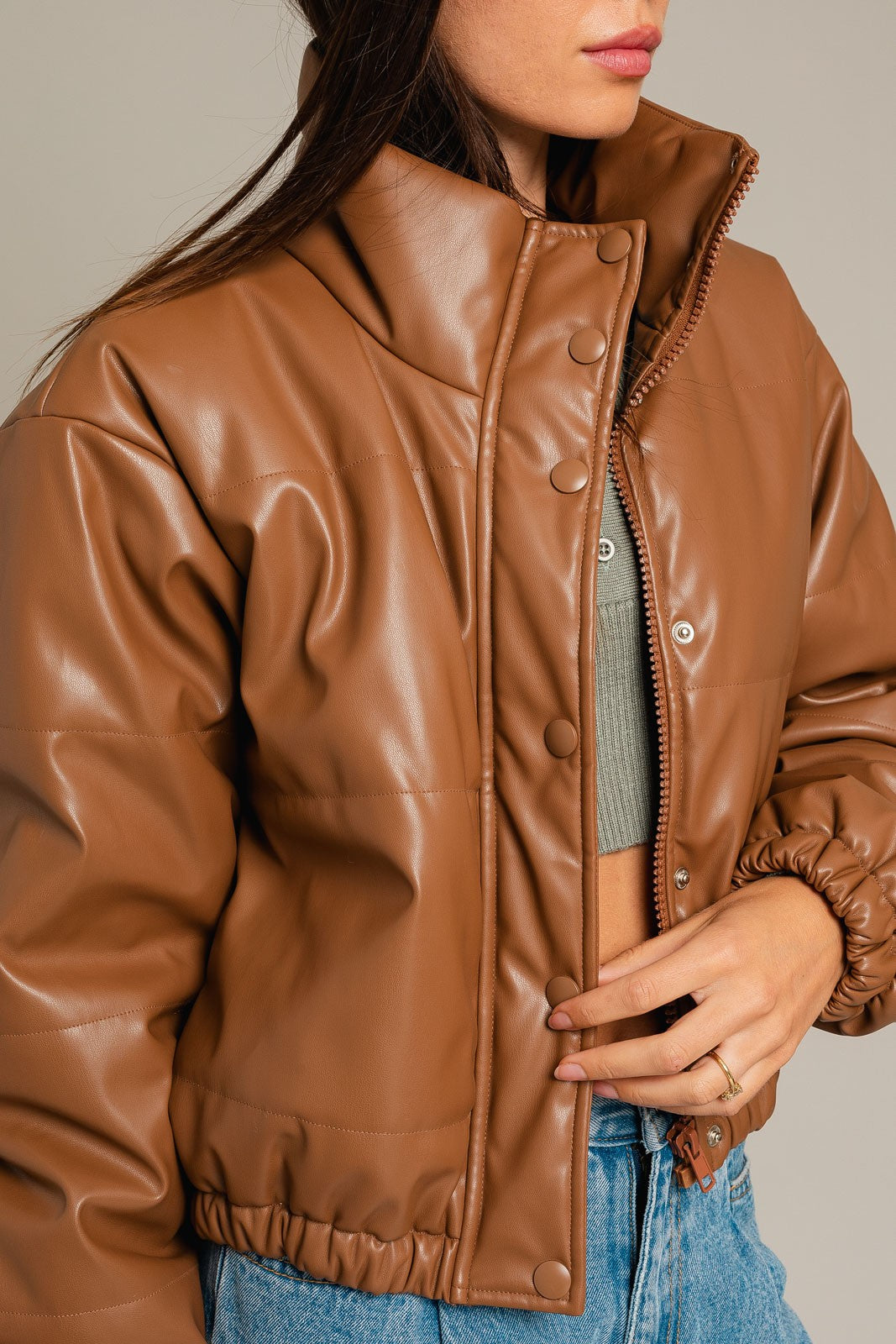 Faux Leather Puffer Jacket- Brown