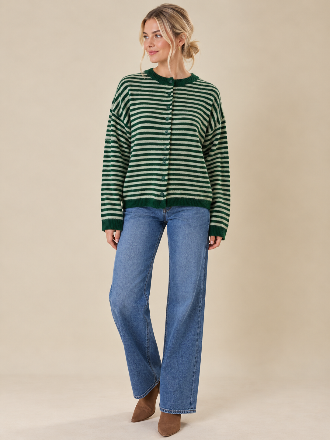 Green Stripes Button Front Cardigan