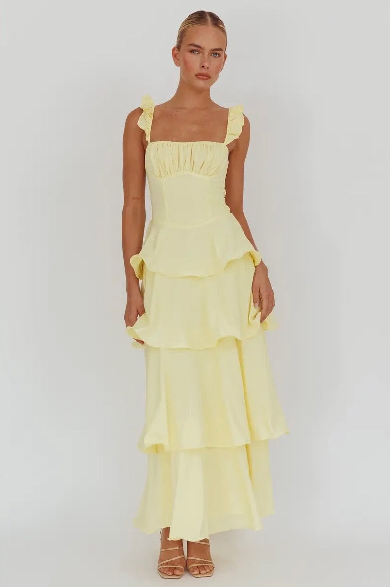 Yellow Ruffle Strap Tiered Maxi