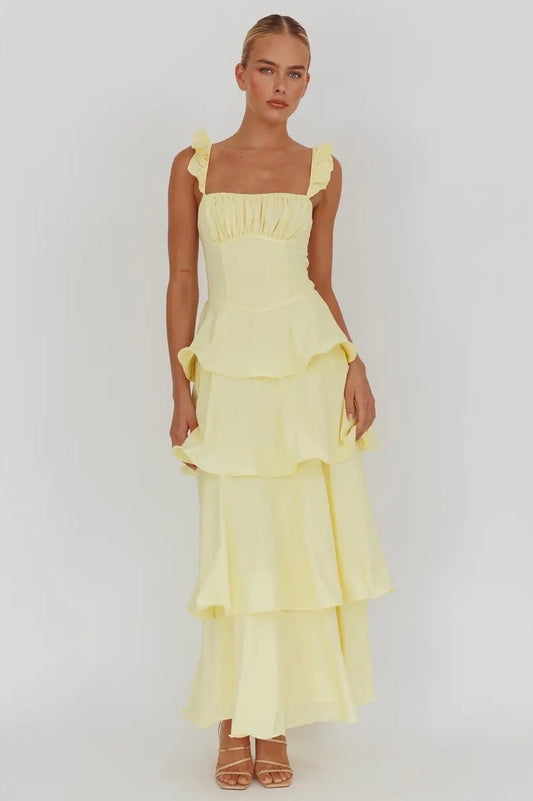 Yellow Ruffle Strap Tiered Maxi