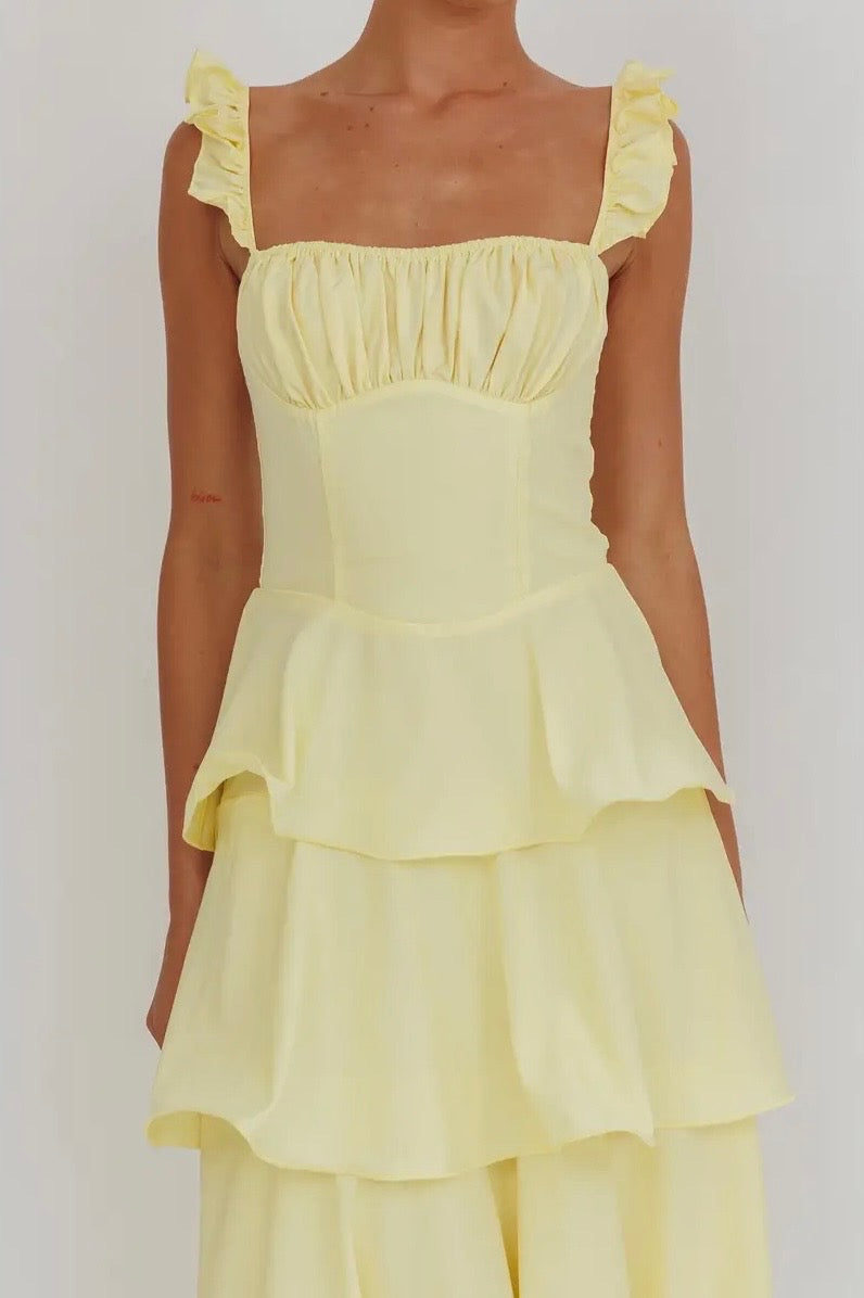 Yellow Ruffle Strap Tiered Maxi