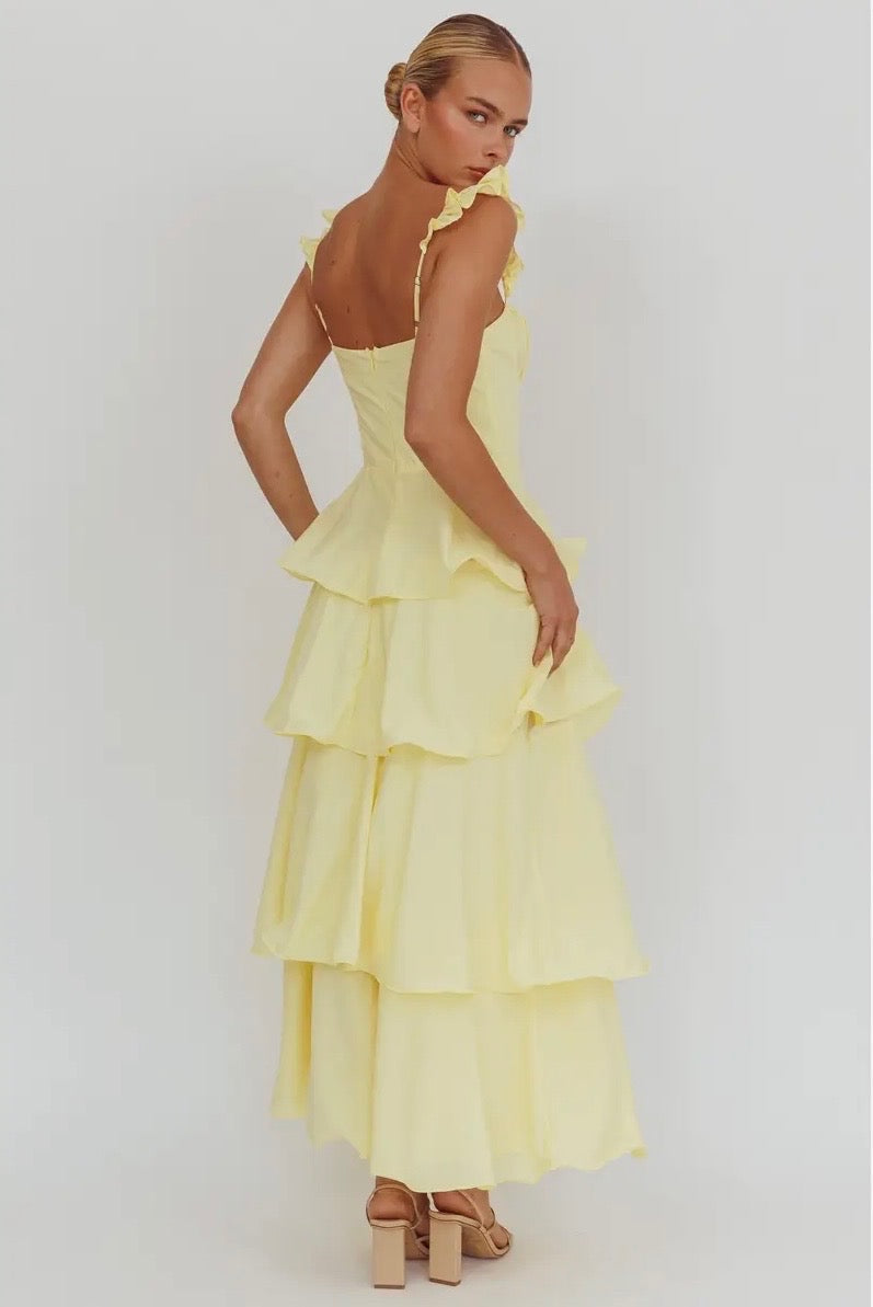 Yellow Ruffle Strap Tiered Maxi