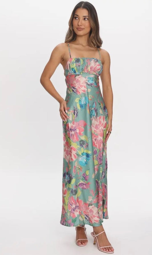 Sage Floral Ruched Maxi