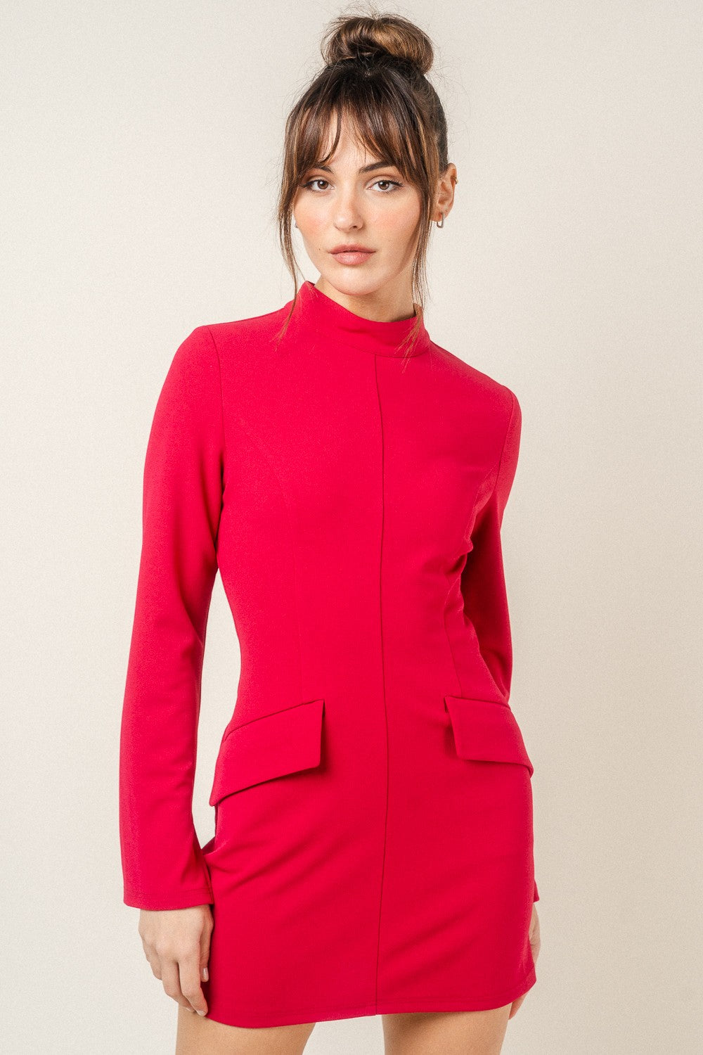 Red Mock Neck Long Sleeve Dress