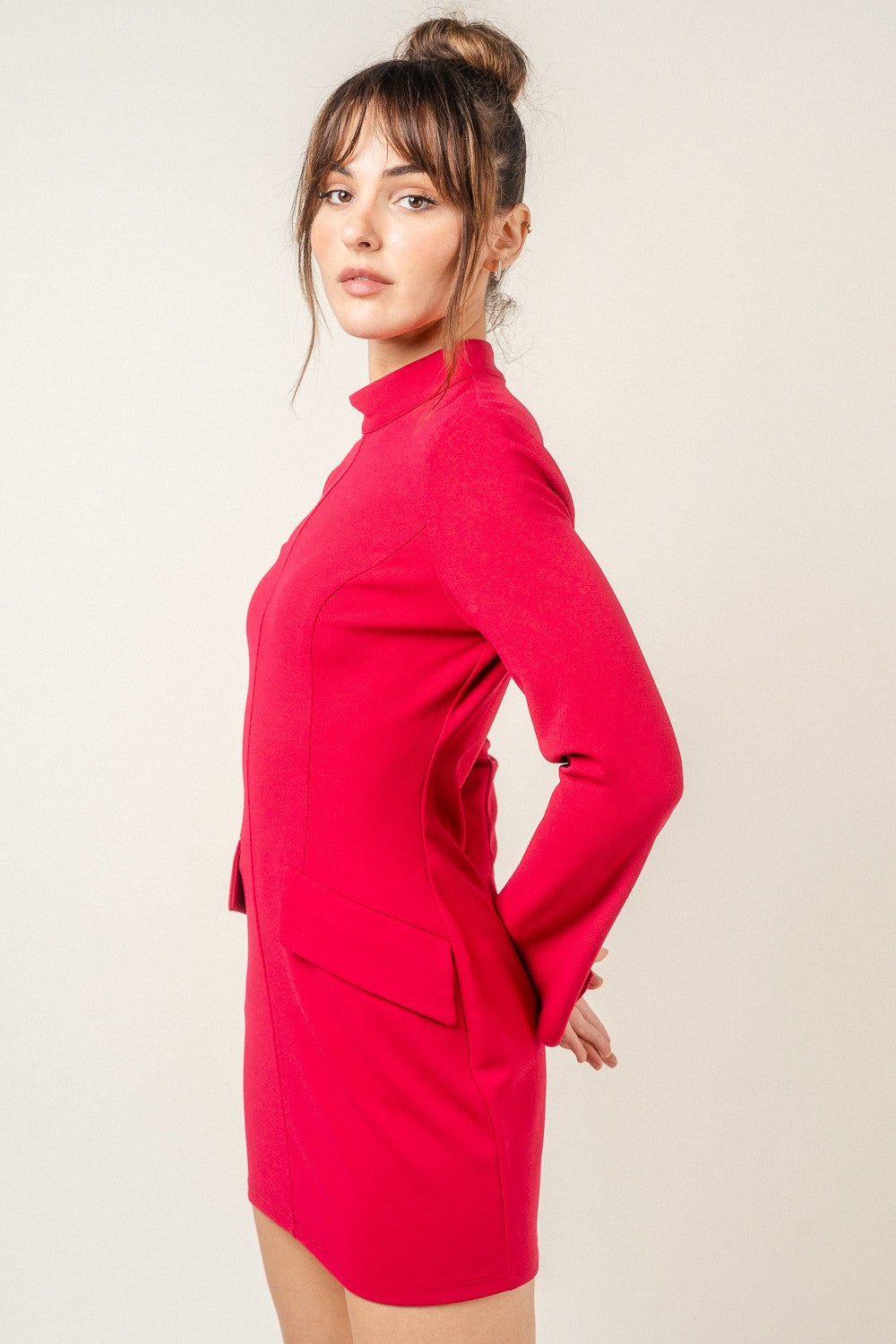 Red Mock Neck Long Sleeve Dress