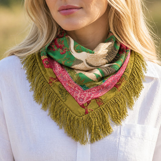 Crane Floral Fringe Scarf