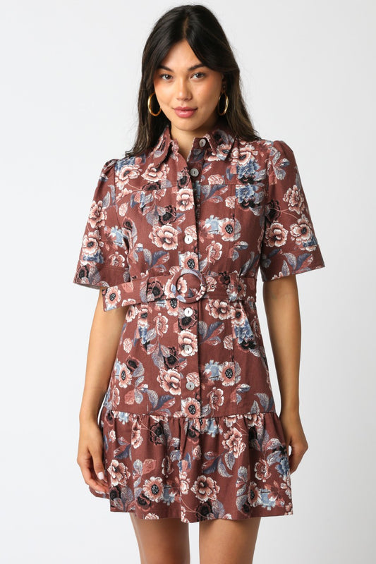 Brown Floral Belted Dress