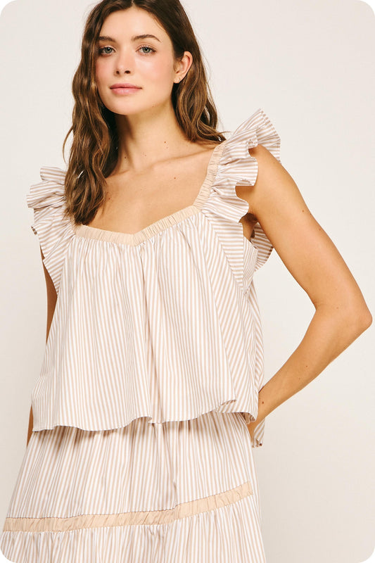 Almond Stripe Ruffle Top