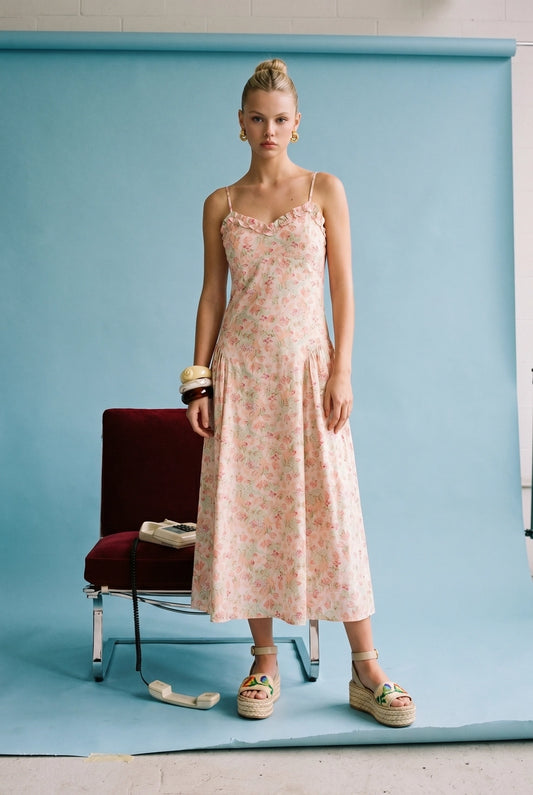 Apricot Floral Ruffle Dress