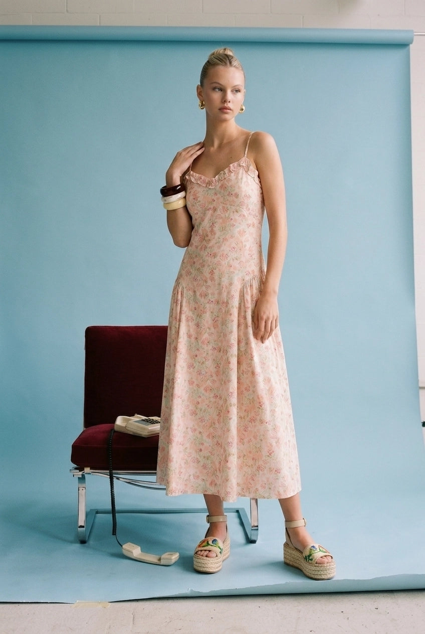 Apricot Floral Ruffle Dress