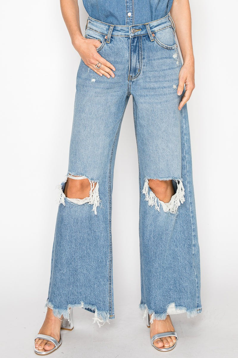 Hybrid High Rise Distressed Relaxed Flare Jeans