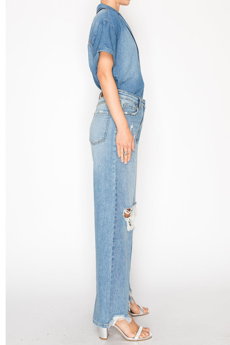 Hybrid High Rise Distressed Relaxed Flare Jeans