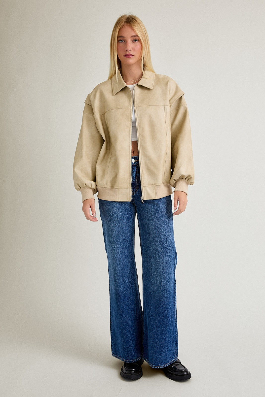 Beige Bomber Leather Jacket