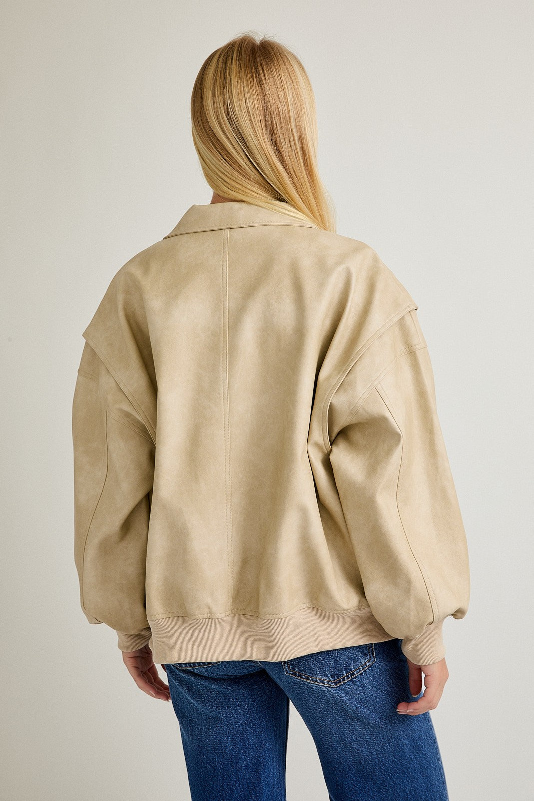 Beige Bomber Leather Jacket