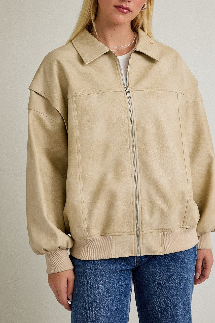 Beige Bomber Leather Jacket