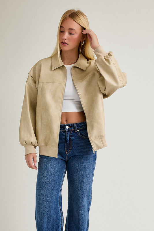 Beige Bomber Leather Jacket