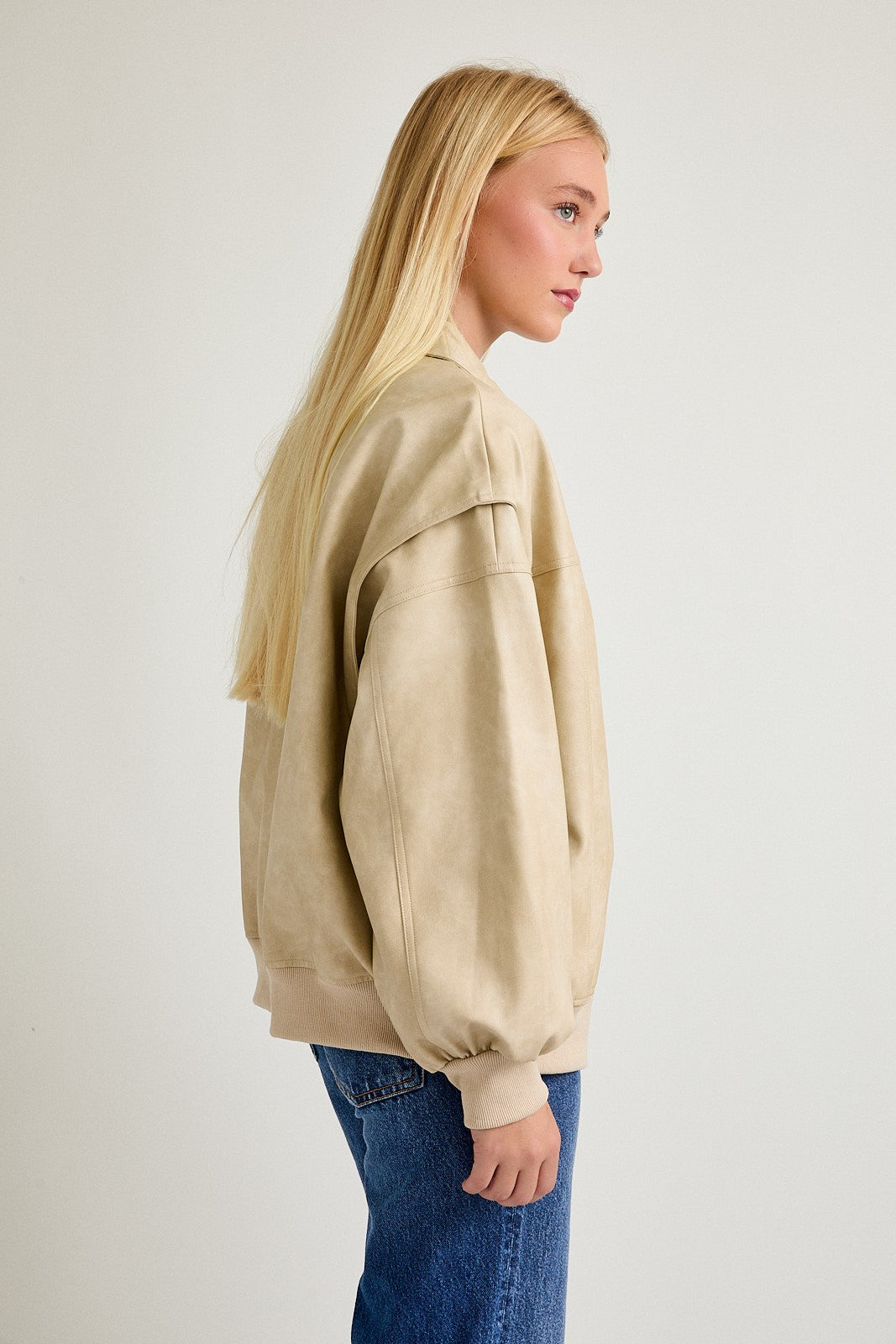 Beige Bomber Leather Jacket